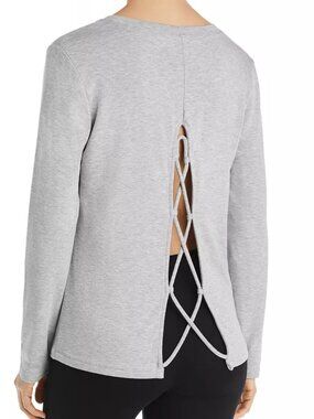 Beyond Yoga gray Lace-Up-Back Top Open Back v-neck Pullover Sweatshirt sz large